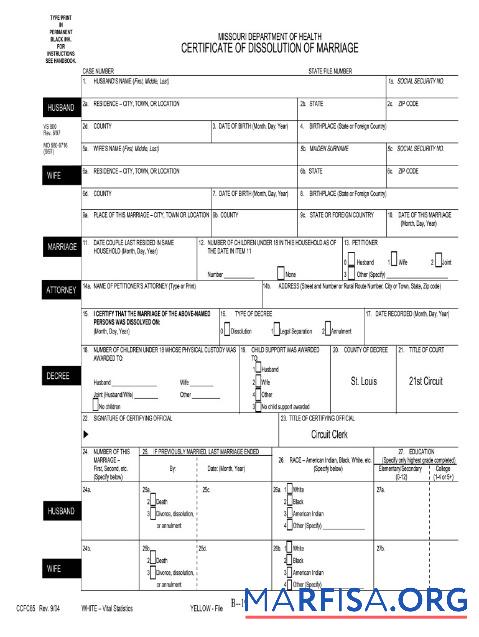 Printable USA Department of health Missouri divorce certificate sample